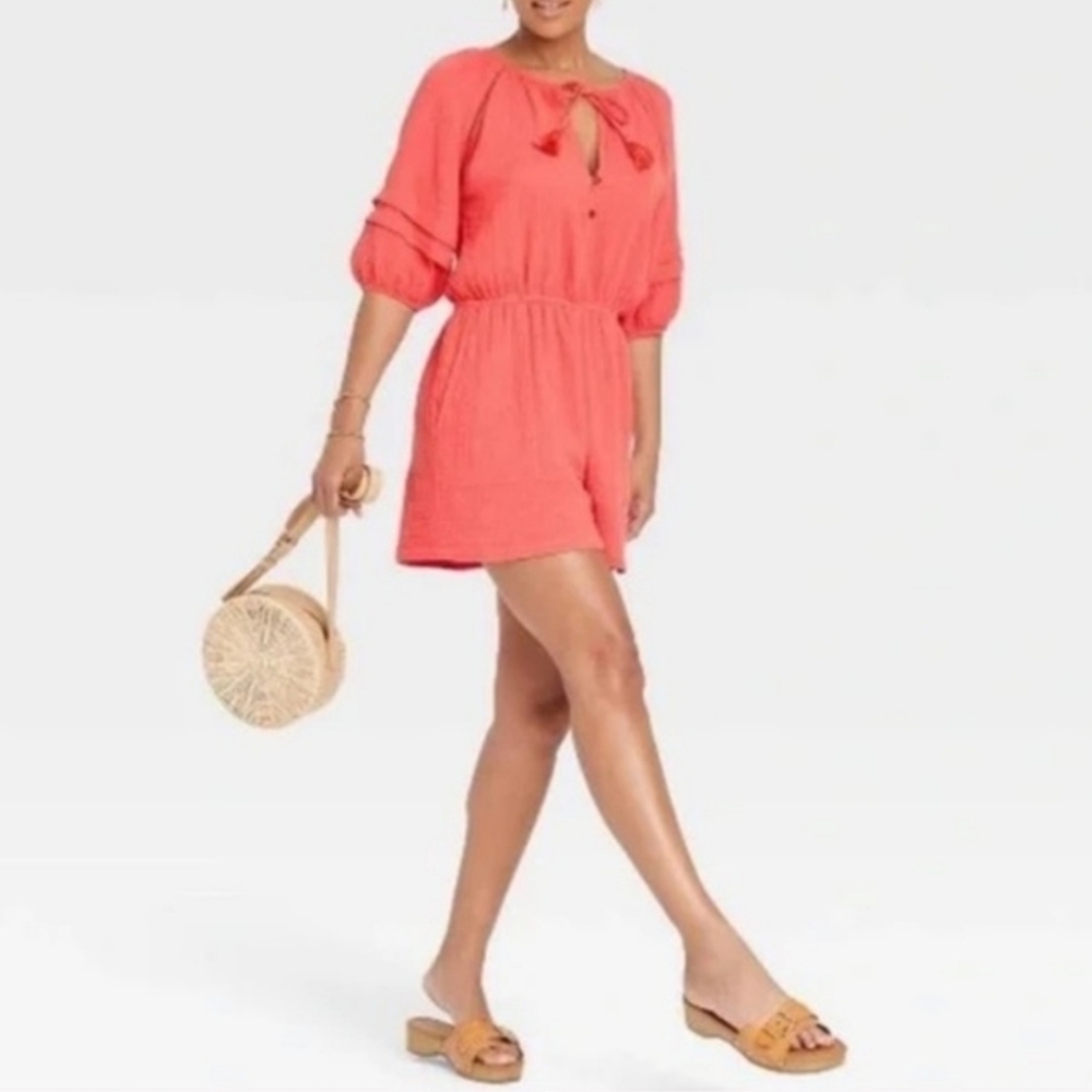 Knox Rose Romper Size M Coral Gauze V Neck Tassel Tie Side Pockets Cut Out Boho